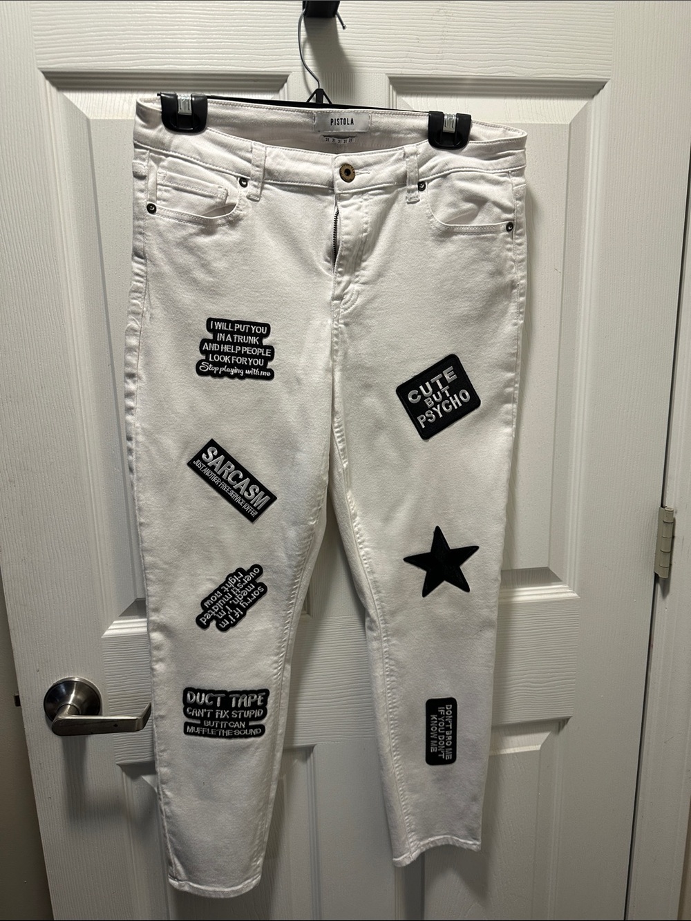 pistola White Straight-Leg Jeans with Black Patch Graphics